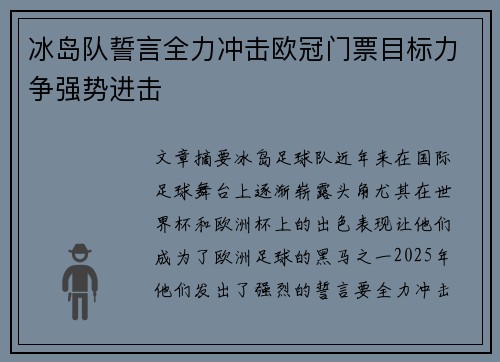 冰岛队誓言全力冲击欧冠门票目标力争强势进击