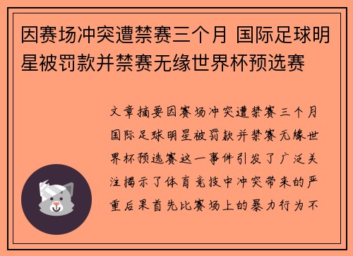 因赛场冲突遭禁赛三个月 国际足球明星被罚款并禁赛无缘世界杯预选赛