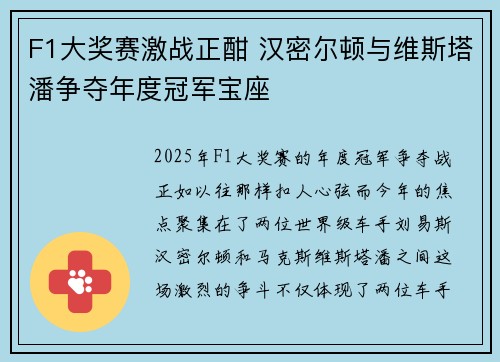 F1大奖赛激战正酣 汉密尔顿与维斯塔潘争夺年度冠军宝座